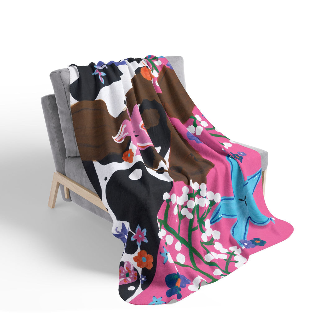 Cow Print Floral Fleece Sherpa Blanket — Pink Floral Cows Cozy Throw