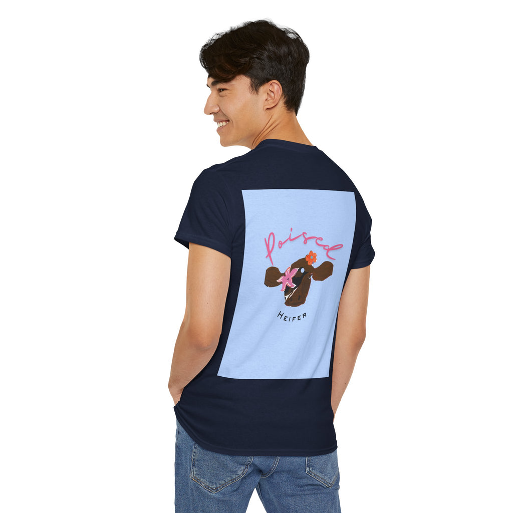 Cow Print Graphic Tee — "Poised Heifer" Cute Pastel Cow Back Print