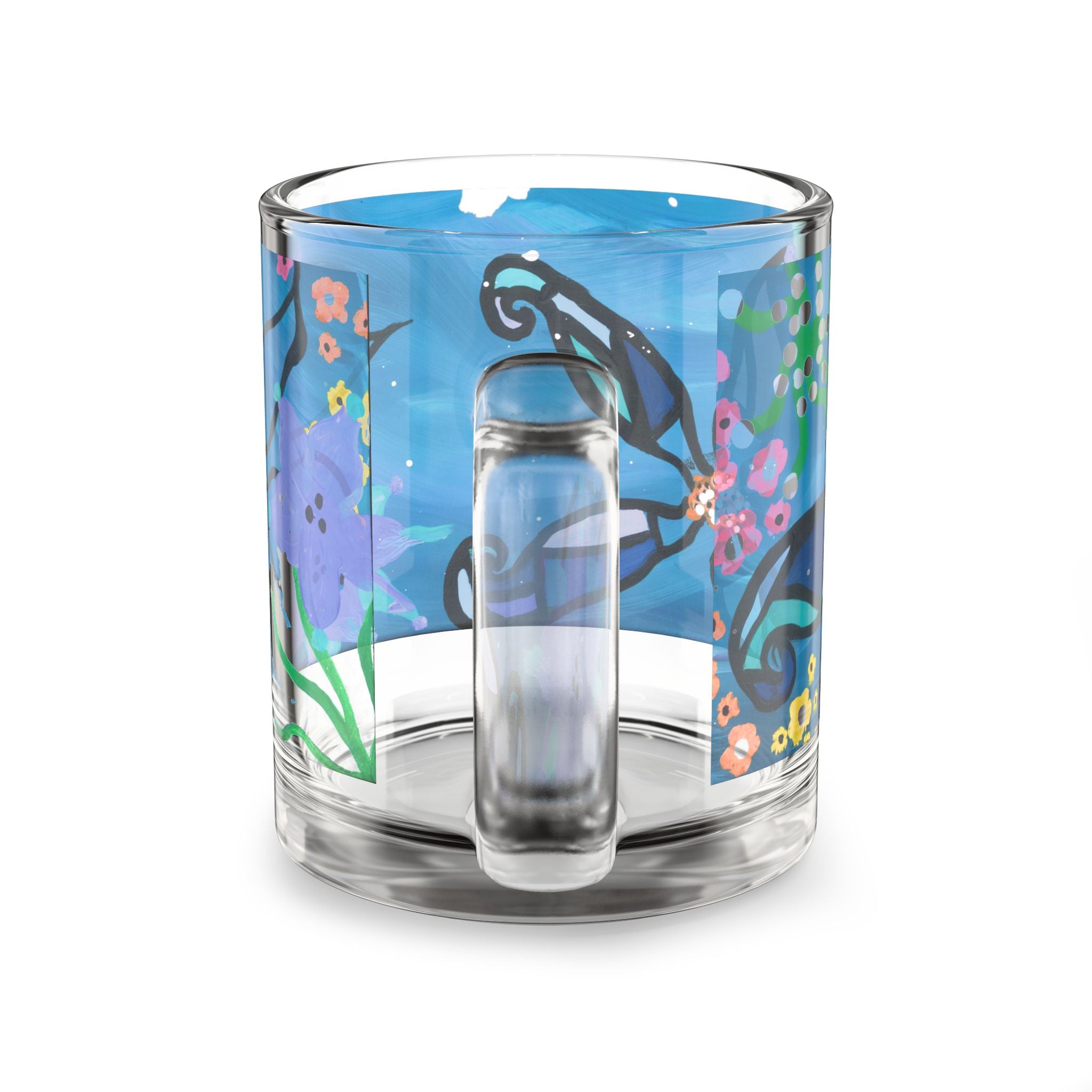 Blue Floral Glass Mug — 10oz Decorative Coffee Cup